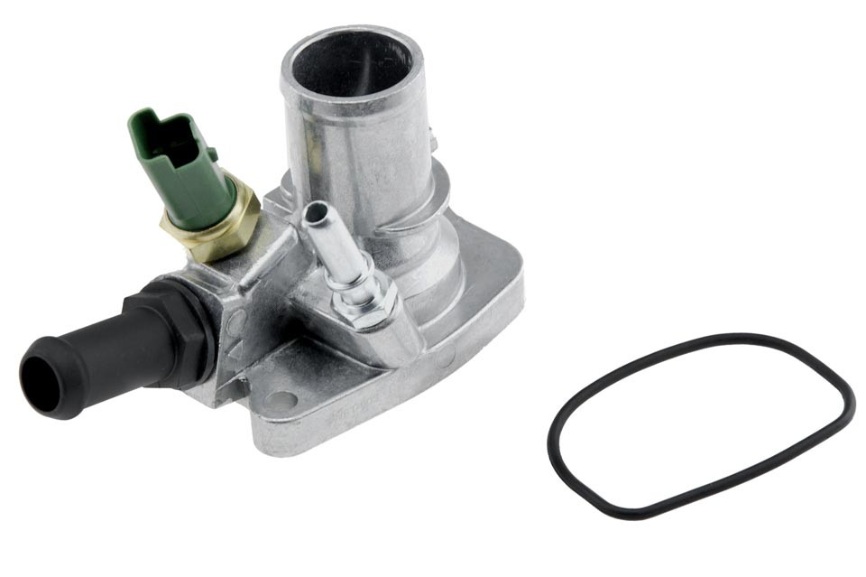 Thermostat with housing compatible FIAT ENG.0.9,1.4 500 07-, DOBLO 05-, FIORINO 07-, PANDA 06-, PUNTO 06-, LANCIA USA/YPSILON 05-, ALFA ROMEO MITO 08- /WITH SENSOR/ - CTM-FT -003