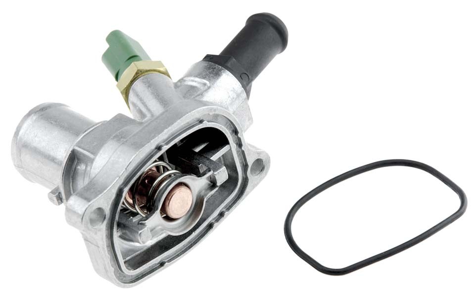 Thermostat with housing compatible FIAT ENG.0.9,1.4 500 07-, DOBLO 05-, FIORINO 07-, PANDA 06-, PUNTO 06-, LANCIA USA/YPSILON 05-, ALFA ROMEO MITO 08- /WITH SENSOR/ - CTM-FT -003
