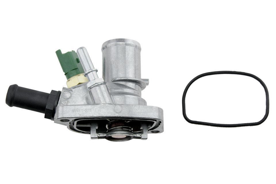 Thermostat with housing compatible FIAT ENG.0.9,1.4 500 07-, DOBLO 05-, FIORINO 07-, PANDA 06-, PUNTO 06-, LANCIA USA/YPSILON 05-, ALFA ROMEO MITO 08- /WITH SENSOR/ - CTM-FT -003