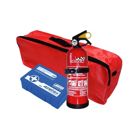 Car first aid package set, PET sanitary kit, 1kg Cridem fire extinguisher, Red organizer bag