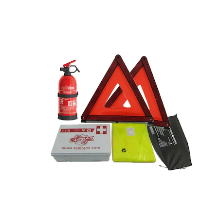 5-Piece Car Emergency Kit - 1 Reflective Vest, 1 Sanitary Kit, 1 Fire Extinguisher-P1, 2 Reflector Triangles