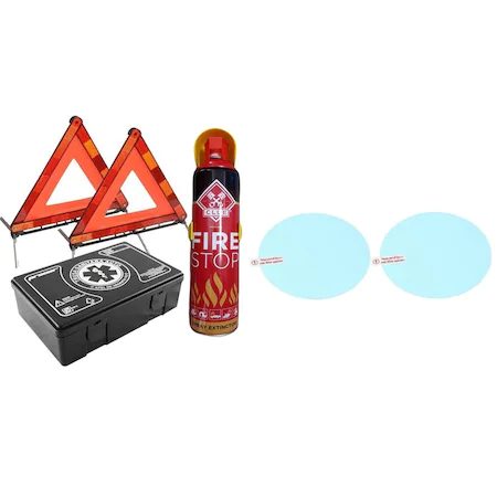 Mandatory car kit Premium Motor Starter - Medical Kit, 2x Triangles, Spray Extinguisher, set of protective foils for car mirrors anti-fog, anti-water deposition, anti-glare, anti-fog