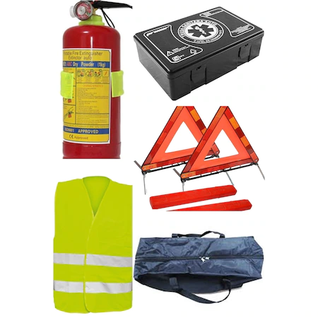 Car road safety kit 1 sanitary kit, 1 fire extinguisher with 1kg manometer, 2 reflective triangles, 1 reflective vest, BMG bag