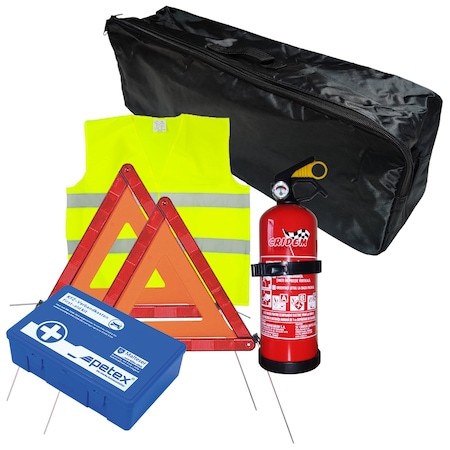 Car first aid package set, PET sanitary kit, 1kg Cridem fire extinguisher, 2pcs pre-signaling triangle, SEP reflective vest, Black organizer bag