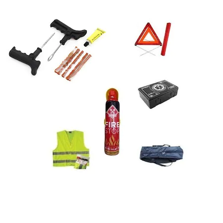 MS car safety kit, valid for 5 years, spray extinguisher 1000 ml, medical kit, reflective triangle, reflective vest, storage bag, tire repair kit