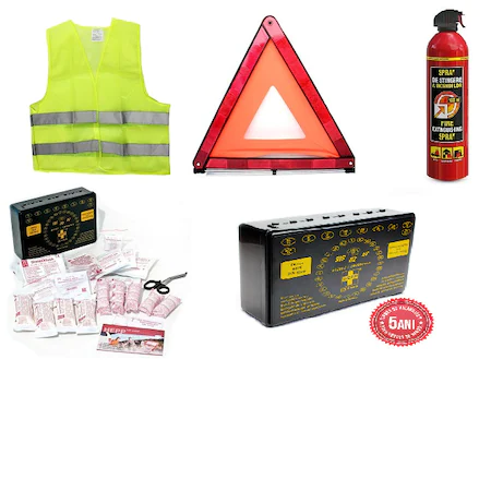 Car safety kit: 1 x first aid kit, 1 x reflective vest, 1 x reflective triangle, 1 x fire extinguisher + Square Meter Air Freshener