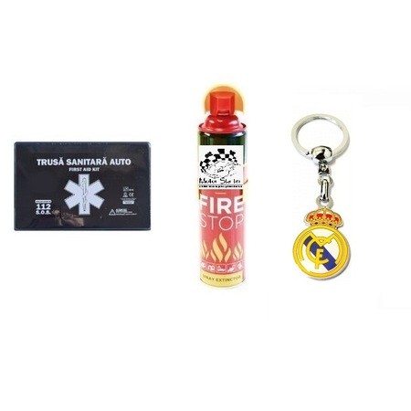 Motor Starter road safety kit ™ 5 years validity, First aid car medical kit + Car spray extinguisher 1000 ml, Real Madrid CF stainless steel keychain