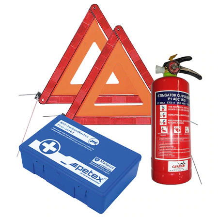 Car first aid package set, PET sanitary kit, 1kg SEP fire extinguisher, 2pcs pre-signaling triangles