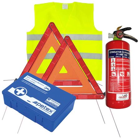 Premium Motor Starter Safety Kit - 2x Reflective Triangles, Approved Medical Kit, 1kg Rechargeable Fire Extinguisher, Reflective Vest, Zipper Bag
