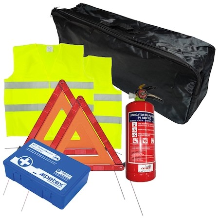 Car first aid package set, PET sanitary kit, 1kg SEP fire extinguisher, 2pcs pre-signaling triangle, 2pc SEP reflective vest, Black organizer bag