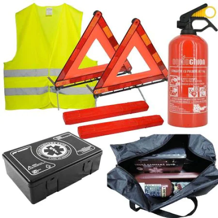 Premium Motor Starter Safety Kit - 2x Reflective Triangles, Approved Medical Kit, 1kg Rechargeable Fire Extinguisher, Reflective Vest, Zipper Bag