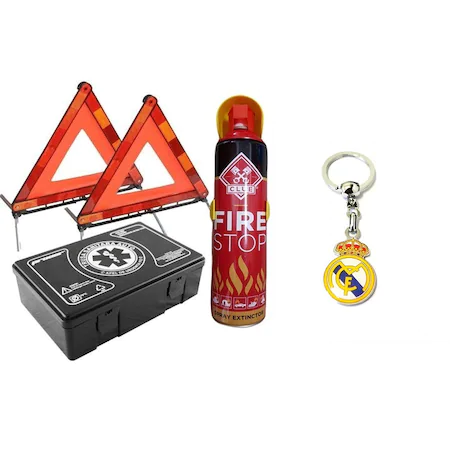 Mandatory car kit Premium Motor Starter - Medical Kit, 2x Triangles, Spray Extinguisher, Real Madrid CF stainless steel keychain