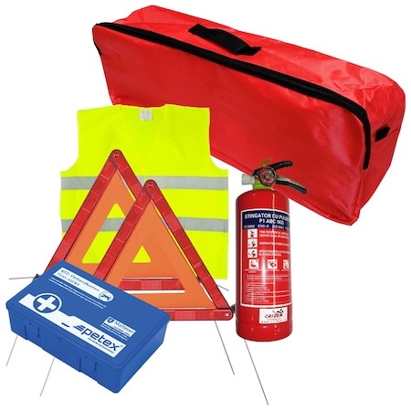 Car first aid package set, PET sanitary kit, 1kg SEP fire extinguisher, 2pcs pre-signaling triangle, SEP reflective vest, Red organizer bag