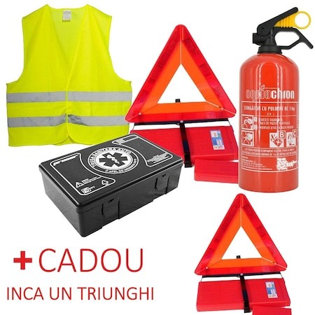 Complete Homologated Road Safety Car Kit - Metal P1 Fire Extinguisher, Medical Kit, Triangle, Vest + 1 Triangle GIFT