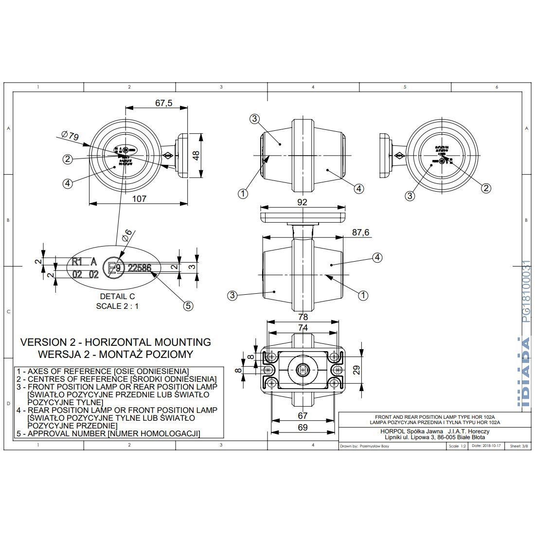107mm armrest lamp, NEON LED, yellow-red LD 2627 Horpol
